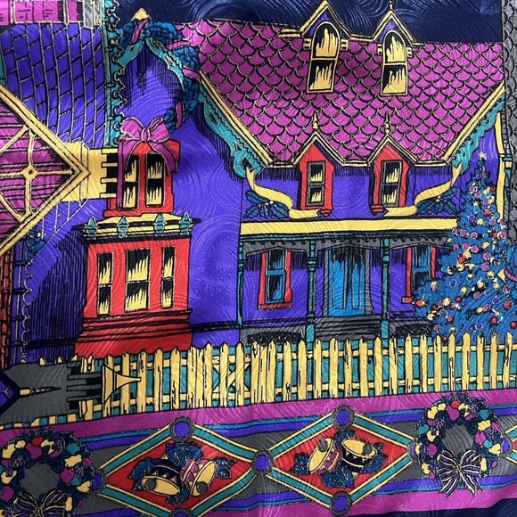 Oscar de la Renta Silk Scarf Village Street Scene Print Multicolor Square 30x30 - Picture 7 of 10